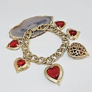 Vintage Gold Tone Heart Charm Bracelet Red Glass Hearts Filigree Charm Romantic